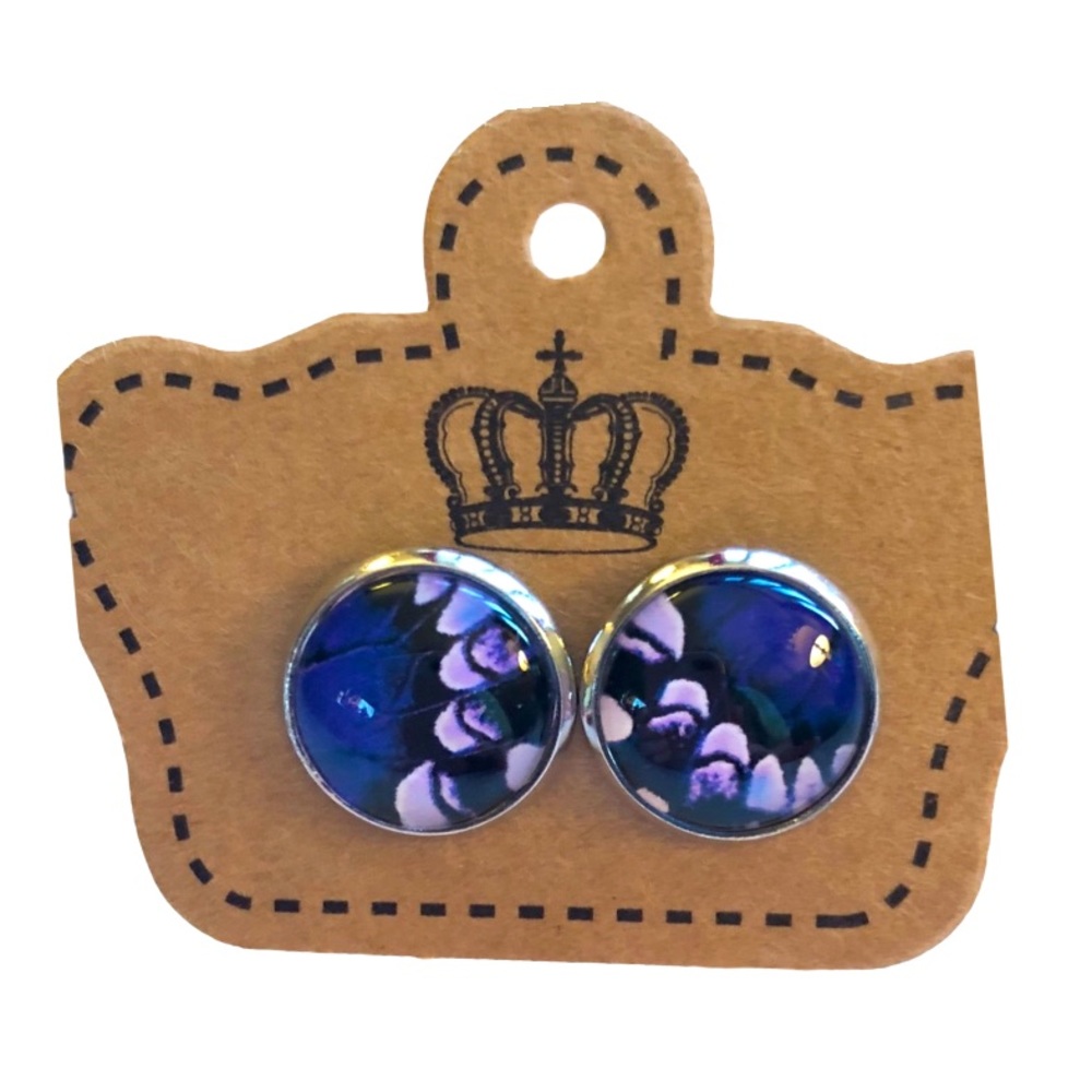 Purple Butterfly Silver Cabochon Stud Earrings!